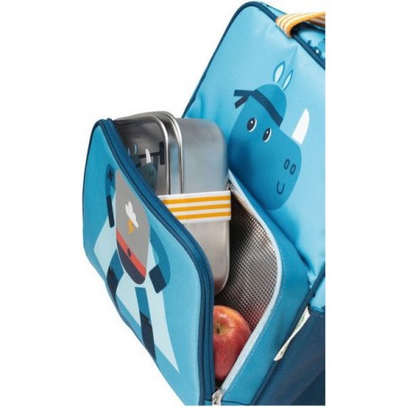Sac à dos bleu rhino avec poche isotherme pour conserver le déjeuner - Lilliputiens