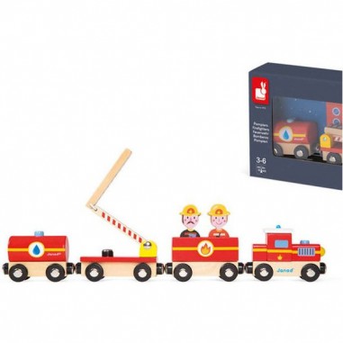 Train Pompiers Story (bois) : Caserne & véhicules de Pompiers Janod - J08590