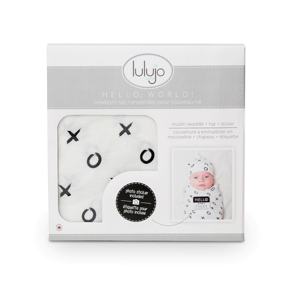 Lulujo Coffret lange et bonnet en bambou Bisous