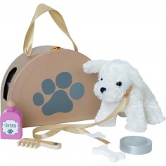 Peluche chien avec sac de transport et accessoires en bois - Jabadabado