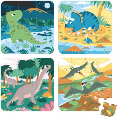 Puzzle dinosaure, lot de 4 - 6 à 16 pièces, pour enfant 2 ans - Janod