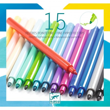 15 feutres à pointe fine - Couleurs douces - Pacifique - Djeco