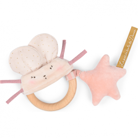 Hochet anneau bois souris rose - La petite école de danse - Moulin Roty