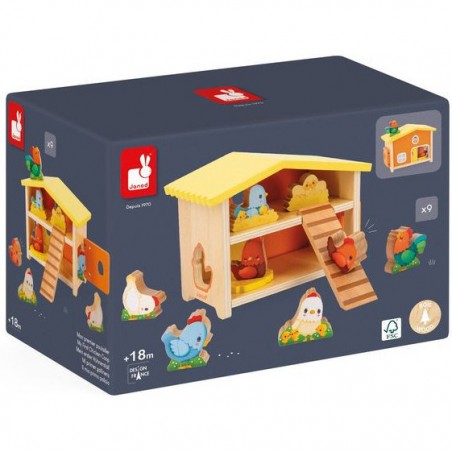 Jeu ferme et animaux en bois pour bébé 18 mois, poulailler - Janod
