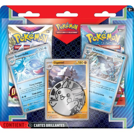Pokémon : Pack 2 boosters Pokemon + 3 cartes promo Superdofin, Glaivodo et Gigansel