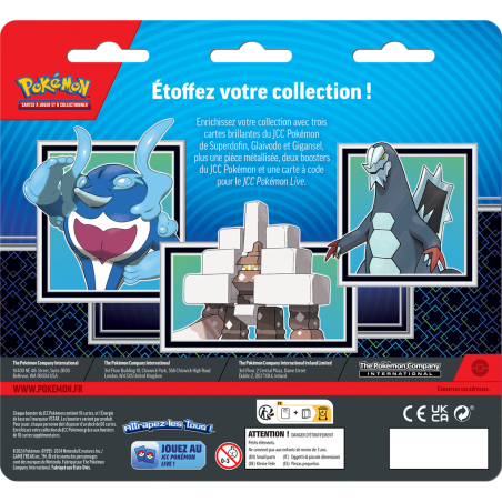 Pokémon : Pack 2 boosters Pokemon + 3 cartes promo Superdofin, Glaivodo et Gigansel