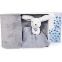 Coffret cadeau naissance plaid et Doudou Lapin Happy Glossy Gris - 70 x 100 cm - Doudou et Compagnie