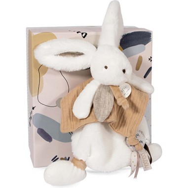 Coffret Doudou plat Lapin beige Blanc - Happy Wild - 25 cm - Doudou Et Compagnie