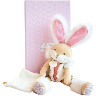 Lapin De Sucre rose Pantin avec doudou - Doudou Et Compagnie
