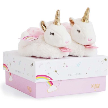 Chaussons Chaussettes Blanc bébé Licorne avec hochet - 0/6 mois - Doudou Et Compagnie