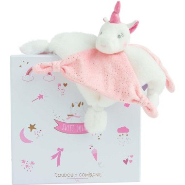 Doudou plat Licorne rose Blanc - 22 cm - Doudou Et Compagnie