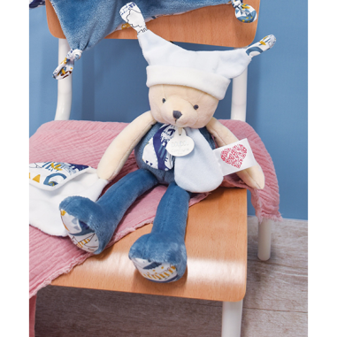 Doudou ours mouchoir 3 histoires Bleu - Doudou et Compagnie
