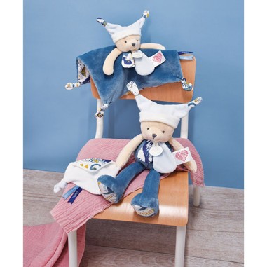 Doudou ours mouchoir 3 histoires Bleu - Doudou et Compagnie