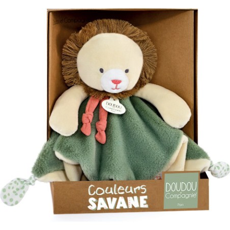 Doudou plat lion beige et vert 25 cm - Doudou et Compagnie