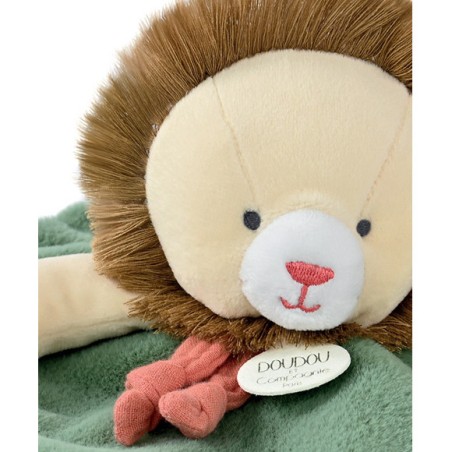 Doudou plat lion beige et vert 25 cm - Doudou et Compagnie