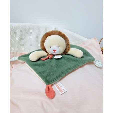 Doudou plat lion beige et vert 25 cm - Doudou et Compagnie
