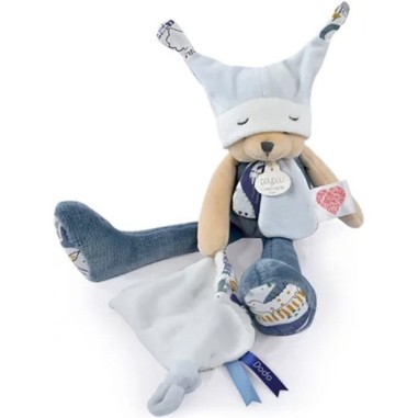 Doudou ours mouchoir 3 histoires Bleu - Doudou et Compagnie