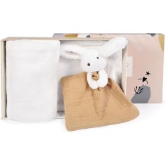 Coffret cadeau naissance plaid et Doudou Lapin Happy Wild Blanc - 70 x 100 cm - Doudou et Compagnie