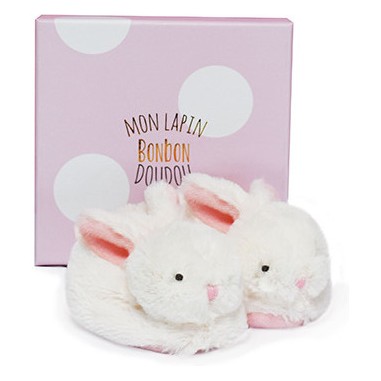 Coffret cadeau naissance chaussons lapin rose avec hochet Blanc - 0/6 mois - Doudou Et Compagnie