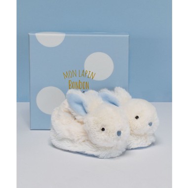Chaussons avec hochet - lapin bonbon bleu -6 mois - Doudou Et Compagnie