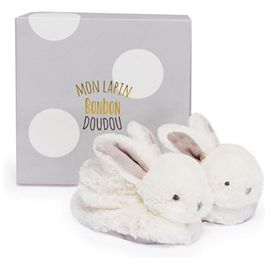 Coffret cadeau naissance chaussons lapin taupe avec hochet Blanc - 0/6 mois - Doudou Et Compagnie