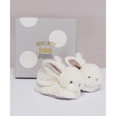 Chaussons Lapin Bonbon taupe 0-6 mois - Doudou Et Compagnie