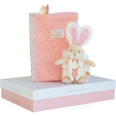 Lapin de sucre rose - coffret protège carnet de santé + doudou - taille cm - Doudou Et Compagnie