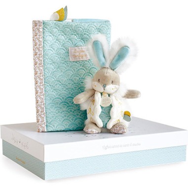 Coffret cadeau naissance lapin de sucre Vert + protège carnet de santé - Doudou Et Compagnie