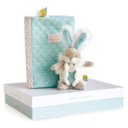 Lapin de sucre amande-coffret protège carnet de santé + doudou - taille cm - Doudou Et Compagnie