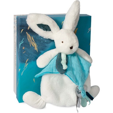 Coffret Doudou plat Lapin bleu Blanc - Happy Pop - 25 cm - Doudou Et Compagnie