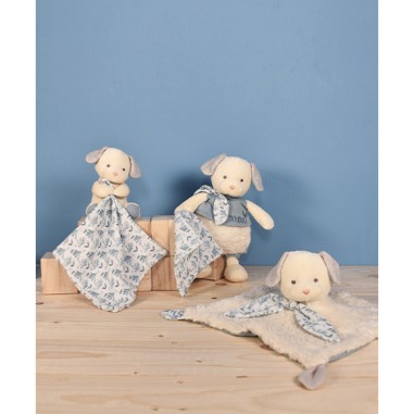 Doudou en coton Bio Chien avec mouchoir bleu - Doudou et Compagnie