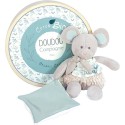 Doudou Souris en peluche grise avec mouchoir vert en coton Bio - 22 cm - Doudou et Compagnie