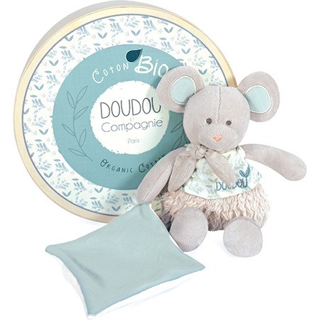 Pantin en coton Bio Souris avec mouchoir gris - Doudou et Compagnie