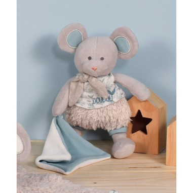 Pantin en coton Bio Souris avec mouchoir gris - Doudou et Compagnie