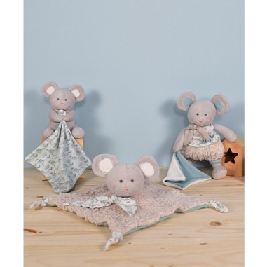 Pantin en coton Bio Souris avec mouchoir gris - Doudou et Compagnie