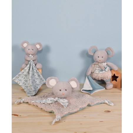 Pantin en coton Bio Souris avec mouchoir gris - Doudou et Compagnie