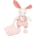 Doudou Lapin peluche écrue avec mouchoir rose en coton Bio - 22 cm - Doudou et Compagnie