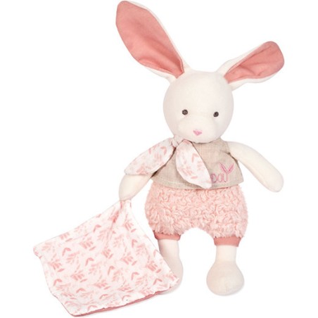 Pantin en coton Bio Lapin avec mouchoir rose - Doudou et Compagnie