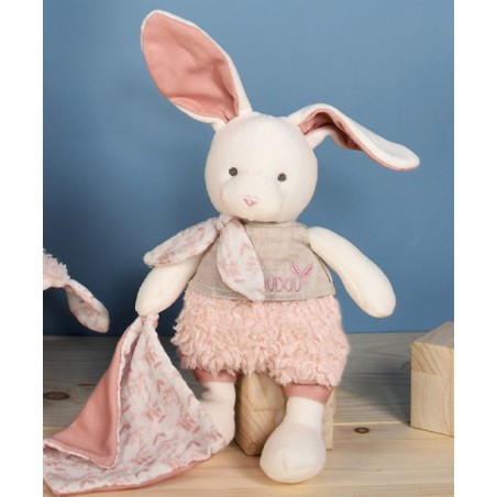 Pantin en coton Bio Lapin avec mouchoir rose - Doudou et Compagnie
