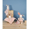 Doudou Lapin peluche écrue avec mouchoir rose en coton Bio - 22 cm - Doudou et Compagnie