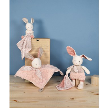 Pantin en coton Bio Lapin avec mouchoir rose - Doudou et Compagnie