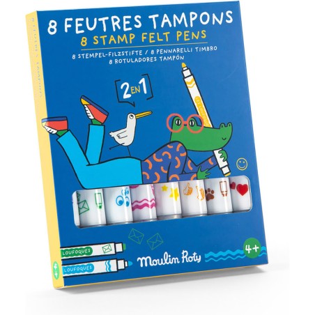 Feutres avec tampons 8 pcs - Les Loufoques - Écriture & Dessin - Moulin Roty