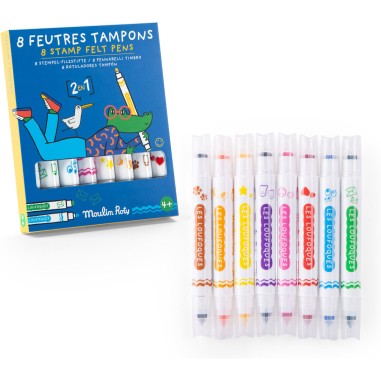 Feutres avec tampons 8 pcs - Les Loufoques - Écriture & Dessin - Moulin Roty