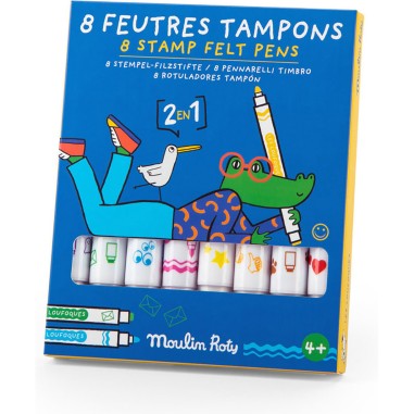 Feutres avec tampons 8 pcs - Les Loufoques - Écriture & Dessin - Moulin Roty