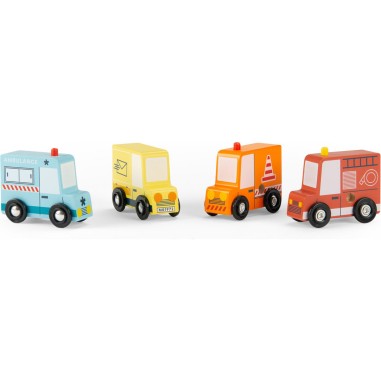 4 camions rétro colorés en bois - Avenue du Moulin - Moulin Roty