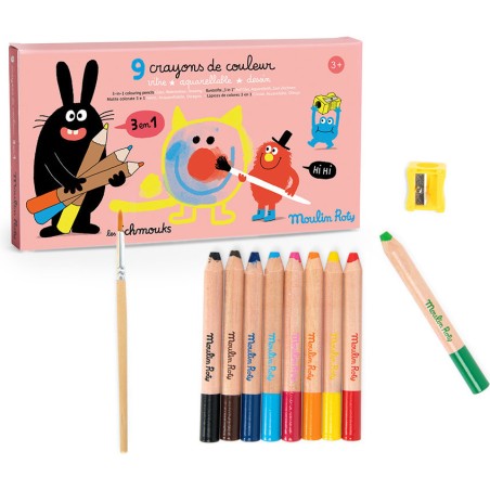 9 crayons de couleurs 3 en 1 Les Schmouks - Moulin Roty