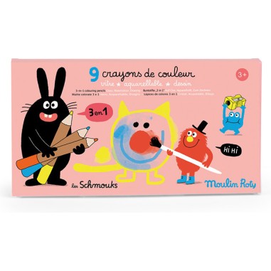 9 crayons de couleurs 3 en 1 Les Schmouks - Moulin Roty