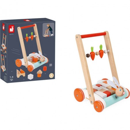 Chariot en bois Janod Lapin avec 19 blocs de construction