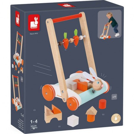 Chariot en bois Janod Lapin avec 19 blocs de construction