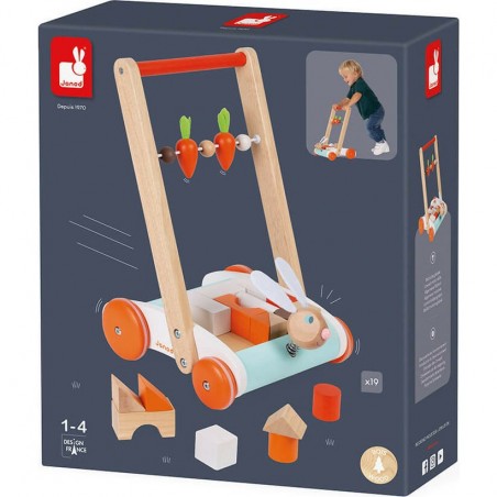 Chariot en bois Janod Lapin avec 19 blocs de construction